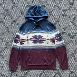 American Eagle Sweater Mens Medium Blue Burgundy Southwestern Aztec Knit Hoodie